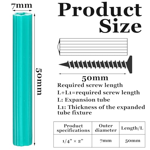 200 Pcs Expanding Plastic Screw Anchors 1/4 Hole Green Plastic Anchors for Concrete Tile Cement Bolt Expansion Tube for #10,11,12 Screws, Fix to Wall Drywall or Other Surface(2) - color: Green, size: 1/4" X 2"