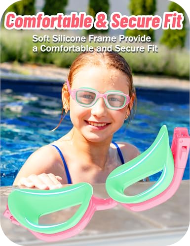 Vvinca Kids Swim Goggles, Swimming Goggles for Kids 3-14 Anti-Fog UV Protection No Leak Pool Glasses for Boys Girls - color: 05- Green & Pink