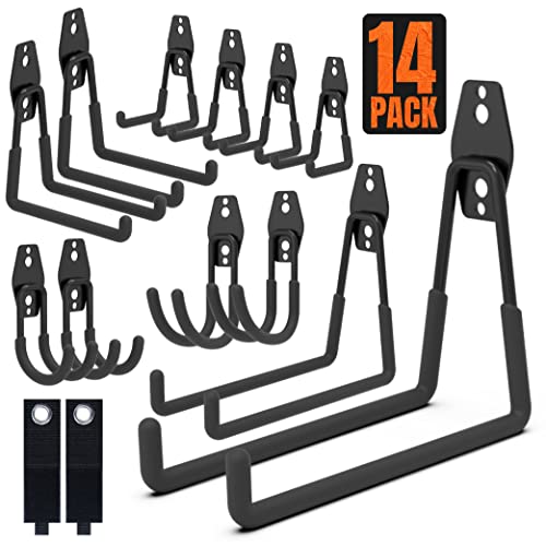 HUHOLE 14PC Garage Hooks Heavy Duty, Utility Garage Storage Hooks, Wall Mount Garage Hooks with Anti-Slip Coating for Hanging Ropes, Bikes, Ladders and Bulk Items. - style: Garage Hook Kit 14 PC