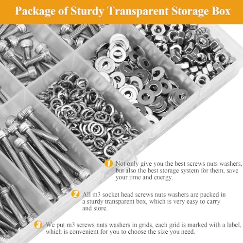 565 Pieces M3 Screws Nuts Washers Set, Sutemribor M3 x 4/6/8/10/12/16/20mm Hex Socket Head Cap Screws Nuts Washers Assortment Kit, 304 Stainless Steel, Fully Threaded - size: M3, style: Socket Head