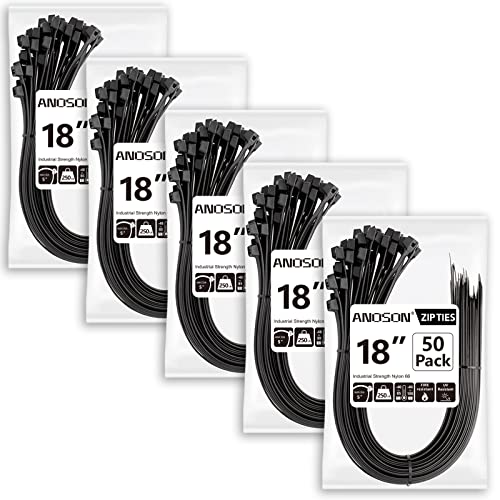 Large Zip Ties 18 inch (250 Pack), Long Zip Ties Heavy Duty with 220 lb Tensile Strength, Big Cable Ties, Black, by ANOSON - size: 18"/250 pk (220 Lb)