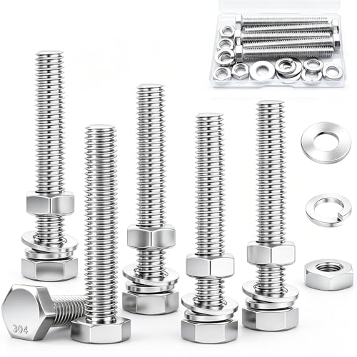 5 Sets 3/8-16 × 2-1/2" Stainless Steel Hex Head Screws Bolts, Nuts, Flat & Lock Washers,18-8(304) Full Thread - color: Silver, size: 3/8-16×2-1/2" (5 Sets)
