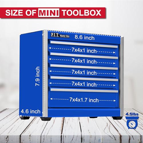 P.I.T. Mini Tool Box,Small Metal Toolbox Organizer with 5 Drawers,Blue | 8.6"W X 4.6"D Cute Size,Q235 Steel,Magnetic Locking Mechanism,PVC Drawer Liners - color: Blue, size: 5-Drawer