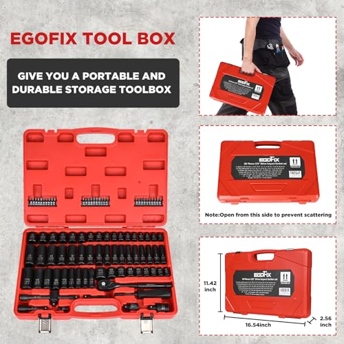 3/8" Drive Impact Socket Set, 90 Piece Metric Socket (6-22mm) and Standard SAE Size (5/16-15/16 inch) 6 Point, with 72-Teeth Ratchet Wrench, Mechanics Tool Kit for Automotive Repair - color: 3/8-90pcs