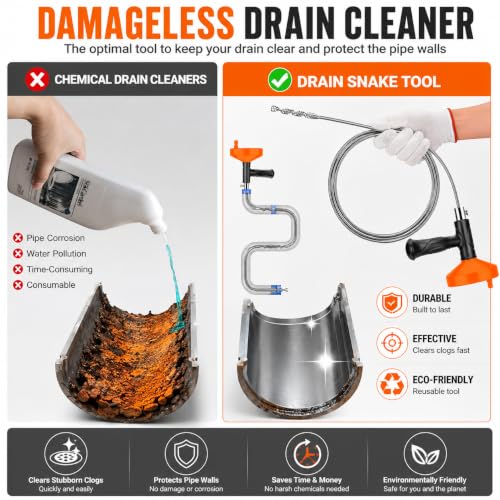 33 FT Drain Snake Auger, Plumbing Snake Drain Hair Clog Removal Tool, Sink Unclogger Drain, Heavy Duty Drum Auger, Cleaner Tool for Bathroom Kitchen Tub Shower Drain Clog Remover with Gloves