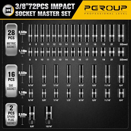 3/8 Inch Drive Impact Socket Set, 72 PCS Standard SAE(5/16"- 3/4") & Metric(8-22mm) With Spark Plug, 6 Point Deep & Shallow, 72T Wrench Ratchet Tool Kit, Cr-V With Heavy Duty Storage Case