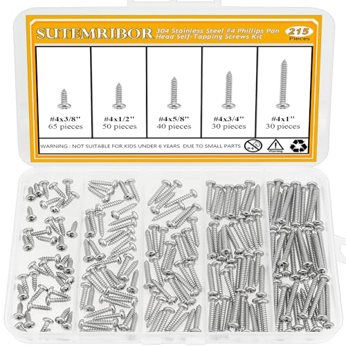 215 Pieces #4 x 3/8" 1/2" 5/8" 3/4" 1" Wood Screws Set, Phillips Pan Head #4 Self-Tapping Screws Assortment Kit, 304 Stainless Steel - size: #4, style: Phillips Pan Head