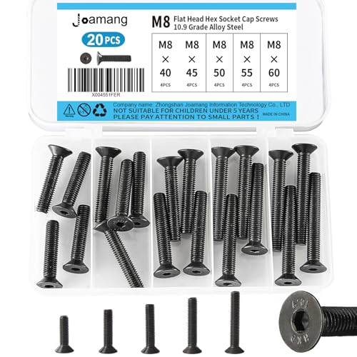 M8 x 40mm 45mm 50mm 55mm 60mm Flat Head Hex Socket Cap Screws Countersunk Bolts, 10.9 Grade Alloy Steel, Black Oxide Finish, Metric Allen Drive, Fully Threaded, Assortment Kit 20Pcs - size: M8 x 40/45/50/55/60 mm