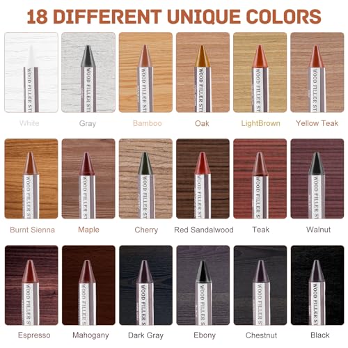 SEISSO Furniture Scratch Repair Crayons Kit, 18 Colors Wood Filler Wax Sticks with Scraper and Sharpener for Wood Furniture, Floors, Cabinets, Tables, Doors, Scratches, Scuffs, Cracks and Small Holes