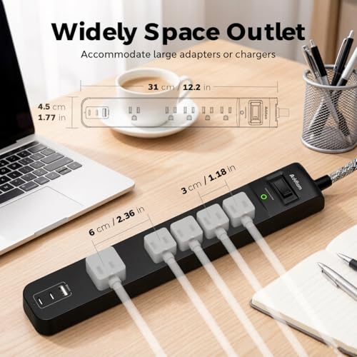 Addtam 2 Pack Power Strip Surge Protector – 5 Wide Spaced Outlets 3 USB - color: Black & Dark Gray, size: 25 FT