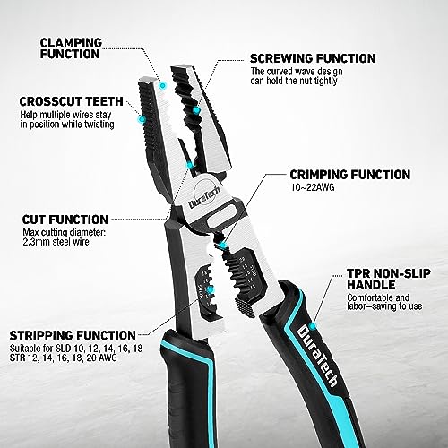 DURATECH 6-in-1 Linesman Pliers, 8.5" Multipurpose Combination Pliers with Wire Stripper/Crimper/Cutter Function, Heavy Duty Side-Cutting Pliers for Crimping, Stripping, Shearing, Screwing