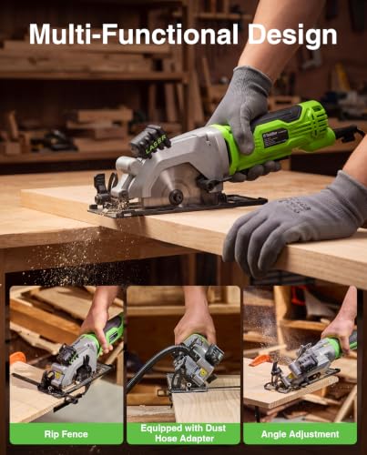 TaskStar Mini Circular Saw with Laser Guide: 4.8A 4000RPM Compact Corded Power Cutter, 4-1/2 in Electric Hand Tool with Rip Fence, 3 Blades for Wood, Soft Metal, Tile, Plastic Cutting