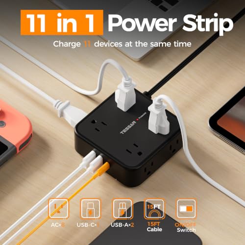 TESSAN Surge Protector Power Strip with 900J Surge Protection, 15 Ft, Black - color: Black with 1 USB C, size: 15 feet