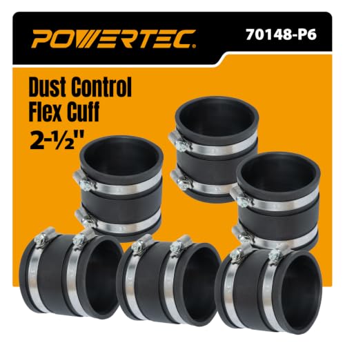 POWERTEC 70148-P6 2-1/2 Inch Dust Control Flex Cuff with Steel Hose Clamps, Hose Connector Rubber Cuff Coupler for Woodworking Dust Collection Fittings, Dust Collector Accessories & Machinery, 6 PK - size: 2-1/2", 6PK