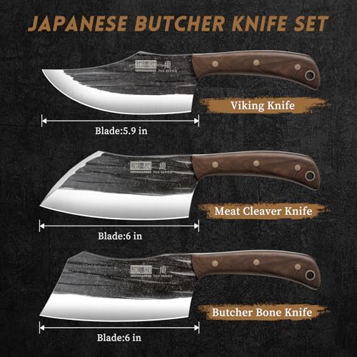 HOSHANHO Butcher Knife Set, 3PCS Knife Set of Bone & Cleaver & Viking Knife | High Carbon Steel Serbian Chef Knife Set of Heavy Duty Chopping Knife for Home, Cooking, Outdoor Camping BBQ - size: 6"