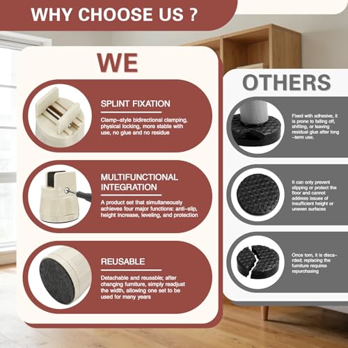 4 Pack Adjustable Furniture Risers 2.36" to 3.15", Heavy Duty Bed Risers with Clamp Design, Clamp-On Levelers for Chair Table Sofa Cabinet Legs, Furniture Height Extenders Leg Lifts (Beige) - color: Beige
