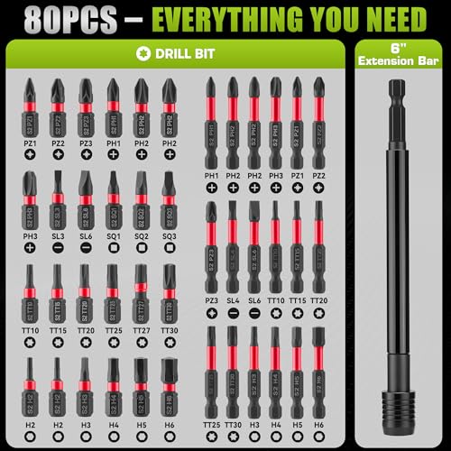 KOOPOOL 80-Piece Impact Driver Set, Magnetic Nut Driver Set for Drill - color: 80pcs Assorted