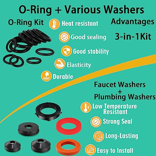 XBVV 37 Size 1075 Pcs Faucet Washers & O-Rings Kit & Plumbing Gasket 3-in-1 Home Universal Rubber Washers Assortment Kit for Faucet Hose Spigot Plumbing Seal Repair with Pick Hook