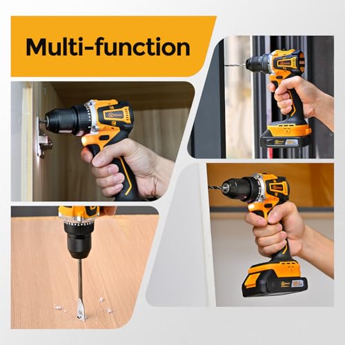 Brushless Motor Tool Kit Set: Yellow 21V Cordless Drill, Power Drill Tool Box,3/8" Keyless Chuck, 2 Variable Speeds, with Battery and Charger Included