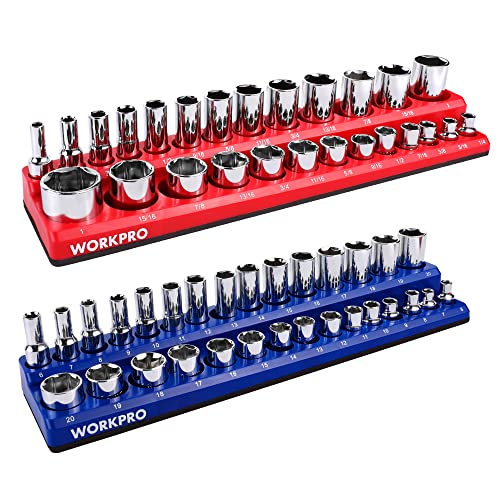 WORKPRO 3/8-inch Magnetic Socket Organizer Set, 2-Piece SAE & Metric Socket Holders, Holds 56 Standard and Deep Sockets for Tool Box, Tool Carts (Sockets Not Included) - size: 3/8" SAE&Metric