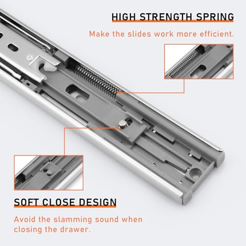 Probrico 1 Pair 14 Inch Rear/Side Mount Drawer Slides with Rear Mounting Brackets, Heavy Duty Ball Bearing Soft Close Drawer Glides, 3 Folds Full Extension Dresser Drawer Runners - size: 14 Inch