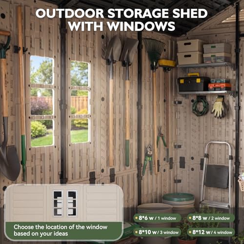 Aoxun 8x8 Ft Outdoor Storage Shed with Floor, Large Resin Outdoor Shed with Lockable Door & Windows, Garden HDPE Sheds for Lawn Tools, Pool Supplies & Bikes - size: 8x8