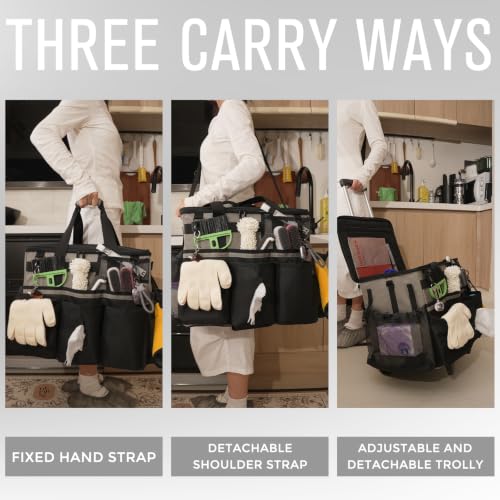 SCAVATA Rolling Cleaning Caddy Bag with Detachable Trolley, Large Cleaning Supplies Organizer with Wheels, Multi-Pocket Cleaning Cart with Adjustable Shoulder Strap for Housekeepers (WarmGrey) - color: WarmGrey