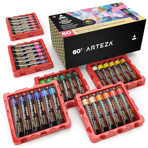 ARTEZA Acrylic Paint Set, 60 Colors, 22 ml Tubes, High-Viscosity - style: Set of 60 Colors (22 ml Tubes)