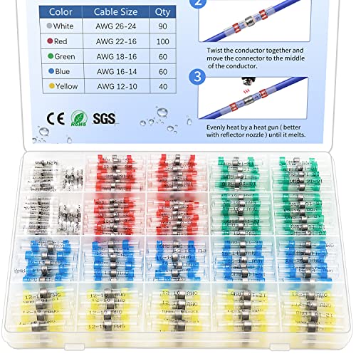 350 Pcs Solder Seal Wire Connectors Heat Shrink Butt Connectors Kit Marine Waterproof Wiring Electrical Cable Splice Terminals for Boat Automotive RV Trailer - size: 350 PCS