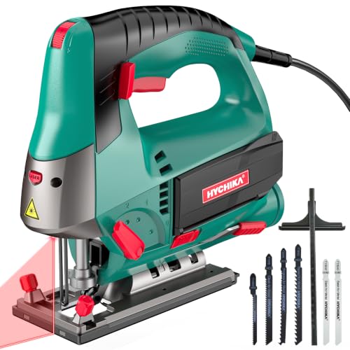 HYCHIKA 6.7A 800W Corded Jig Saw, Jigsaw Tool Power Jig Saws,6‑Speed Up to 3000 SPM, 4 Orbital Settings, Laser Guide, ±45° Bevel Cutting, Tool‑Free Blade Change, 6 Blades for Wood Metal Plastic