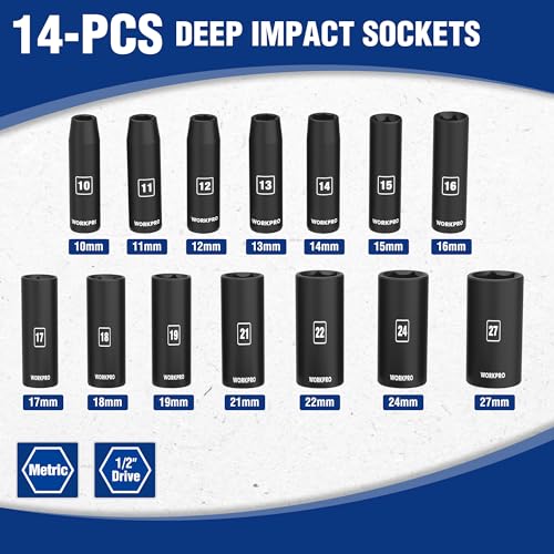 WORKPRO 14-Piece 1/2＂ Drive Deep Impact Socket Set, Metric - style: 14PC, Metric