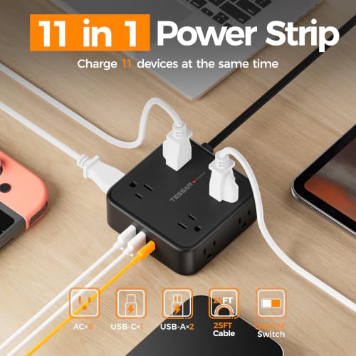 TESSAN Surge Protector Power Strip with 900J Surge Protection, 25 Ft, Black - color: Black with 1 USB C, size: 25 feet