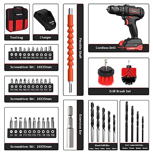 PULITUO Cordless Drill Set, 20V/2.0Ah Electric Power Drill, Torque 45N.m, 25+1 Torque Setting,1/2” Keyless Chuck, 2 Variable Speed Setting, with 43 PCS Bits, Storage Bag - style: ‎20v Drill Pro（Red）