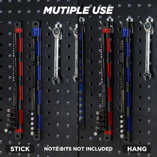 Mayouko 2PCS Magnetic Aluminum Screwdriver Drill Bit Organizer, Sliding Drill Bit Holder with Strong Magnetic Rail, 80 Holes Bit Storage, Hex Bit Organizers, Red And Blue(Bits Not Included)