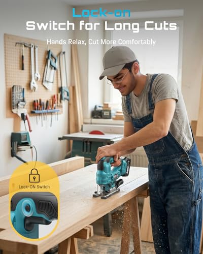 SEESII Brushless Jig Saw, Cordless Jigsaw Tool 2×4.0Ah Batteries - color: Light Blue