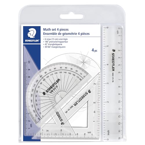 STAEDTLER Math Set - 4 pc Geometry Kit for Students - School Supplies with Clear Protractor, 6in Ruler & 2 Triangles – Metric & Imperial Scales (Pack of 3) - size: 4 Piece Set (Pack of 3)
