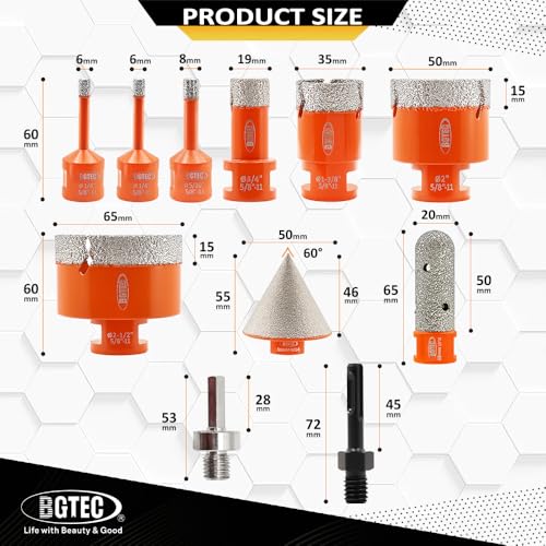 BGTEC Diamond Core Drill Bit 11PCS, Tile Hole Saw Kit 1/4" - 2-1/2" - size: 11 pcs - 6/6/8/19/35/50/65mm, style: Flash Toothed