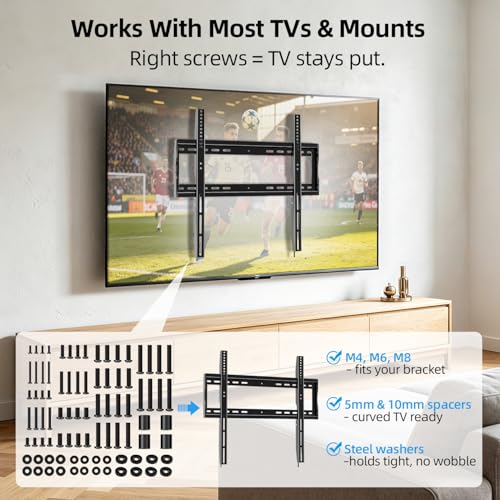 HOME VISION TV Mount Screws - Complete with M4, M5, M6, and M8 TV Mounting Hardware Kit, Washers and Spacers Included, Fit Most TVs up to 100 inch