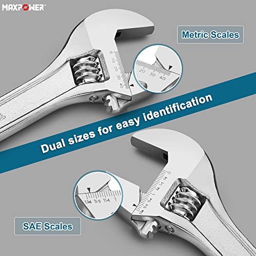 MAXPOWER 15" Adjustable Wrench, 1-3/4" Jaw Opening, Tapered Handle | Adjustable Spanner with SAE/Metric Scales, Polished Finish, and Comfort Grip – Perfect for Plumbing, Nuts, and Pipes - size: 15"