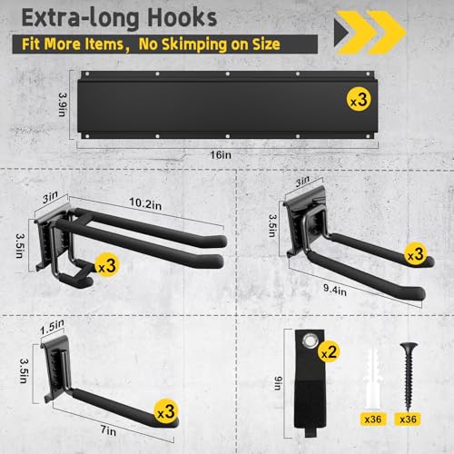 48" Garage Tool Organizer Wall Mount, 660lbs Heavy Duty Steel Garden Tool Storage Rack with 9 Adjustable Hooks for Yard, Shed, Garage (3 Racks, 9 Hooks, 2 Straps) - size: 48inch
