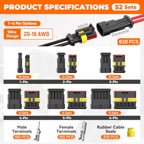 828PCS Waterproof Electrical Connectors with Ratcheting Crimper - size: 828