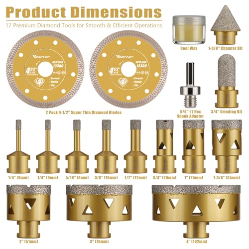 1/4''-4'' 17PCS Diamond Hole Saw Kit for Tile, 5/8"-11 Thread