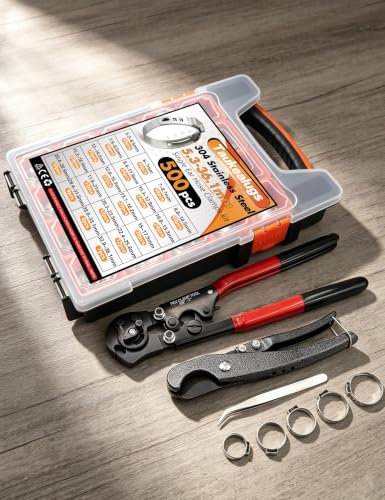 500PCS 20 Size Single Ear Hose Clamp Kit and PEX Crimping Tool,Cinch&Remove - size: 500 PCS 20 Size