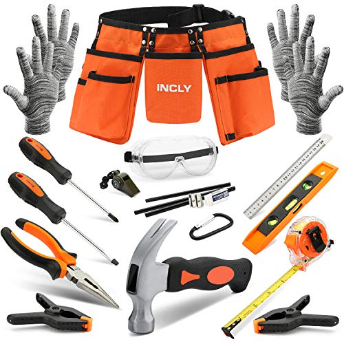 INCLY 18PCS Kids Tool Set with Reinforced Belt Adjustable Waist 20"-32"