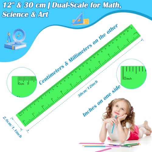 36 Pack 12" Clear Green Plastic Rulers, Back to School Measuring Supplies - color: Green