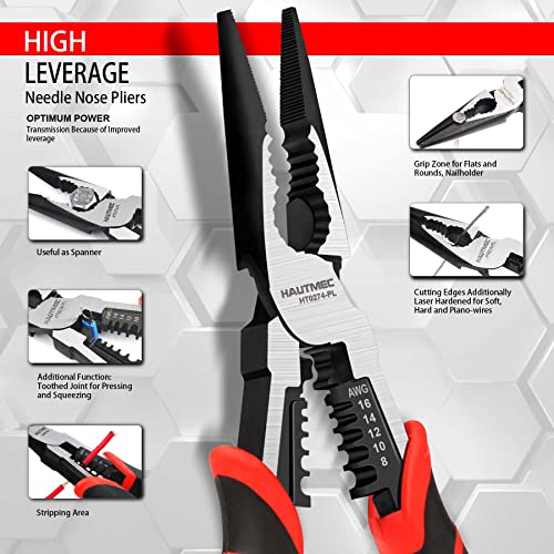 HAUTMEC 9" Needle Nose Pliers High Leverage Combination Pliers 4 in 1 Multifunctional Heavy Duty Long Nose Pliers HT0274-PL - color: 9" Needle Nose Pliers