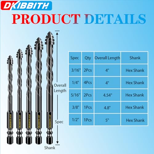 DKIBBITH 4-Flute Serrated Masonry Drill Bit Set (10-Piece, Black) - 3/16" to 1/2" for Concrete, Tile, Brick, Glass, Ceramic - size: 10 Piece 3/16"-1/2" Serrated Drill Bit Set