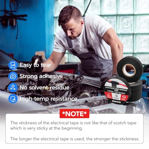 Wire Harness Automotive Cloth Tape, Adhesive High Noise Resistance Heat Proof, Chemical Fiber Fabric Electrical Tape for Wrapping Wiring Harness/Insulation (5 Rolls 3/4 Inch x 50 FT)