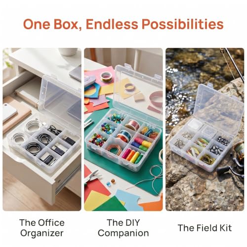 9 Grids Bead Organizer with Adjustable Dividers, 2.28"x1.92" Each Grid, Plus 3 Mini Storage Box for Jewelry, Fishing Hooks, Arts & Crafts, Office Supplies - color: Clear-M