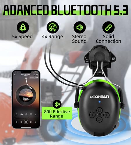 PROHEAR Safety Headphones with Bluetooth 6.0 - Compatible with 3M H-700 & DEWALT Hard Hats, 40H Battery Green - OSHA Hearing Protection for Construction Workers, Landscaping, Mowing - color: 037br04-for Hard Hat-green